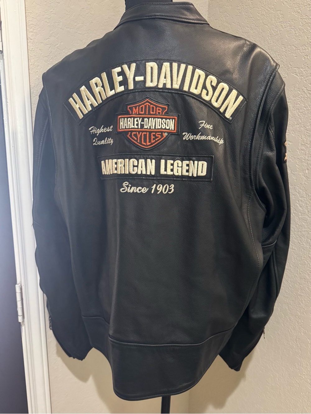 Harley-Davidson Black Leather Bomber Jacket with Cream & Orange Embroidery XL